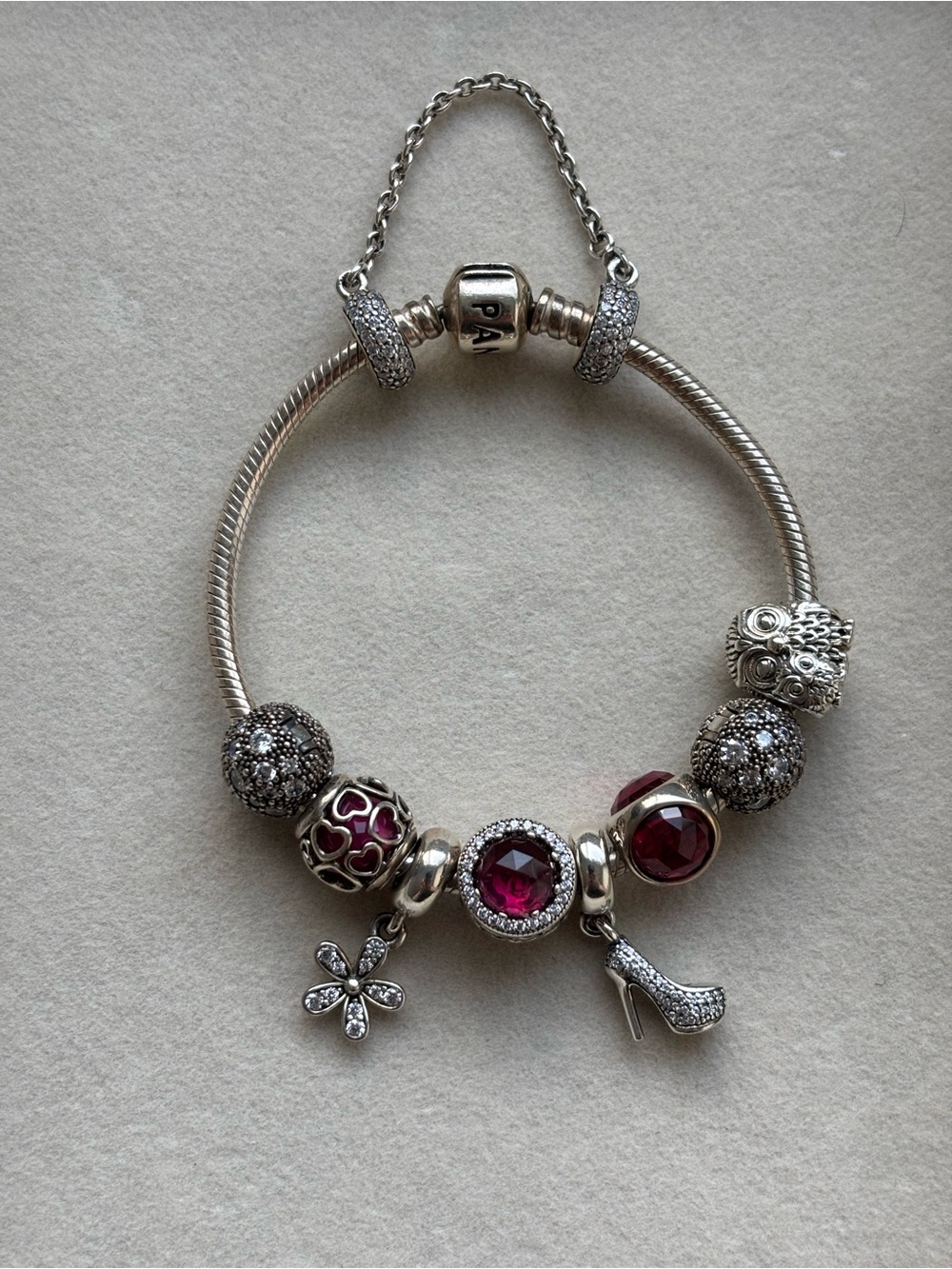 Pandora Silver Bracelet with Red-Pink Crystal Charms